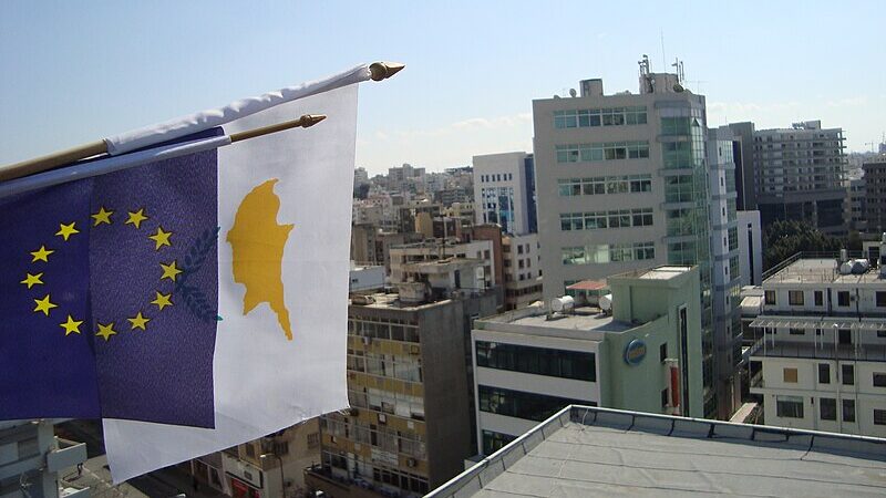 Cyprus European Union Presidency flags over skylines Republic of Cyprus Credit: EUCyprus